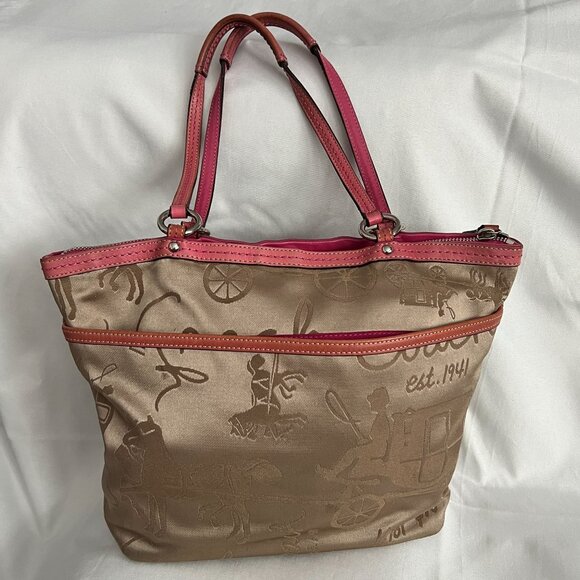 Coach Handbags - Coach F14482 Brown & Pink Tote Bag With Horse Carriage Pattern Dual Handles Zip